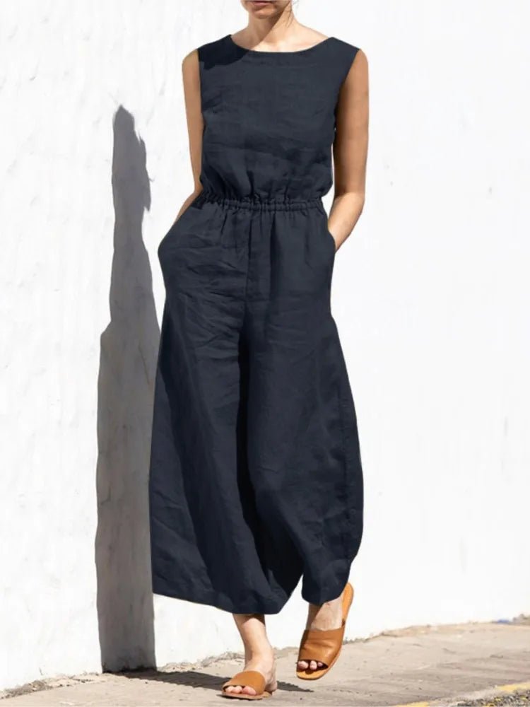 Baumwolle Und Leinen Overall Frauen Einfarbig Ärmellose Tasche Hohe Taille Breite Beine Overalls Casual Pendeln Damen Bodys