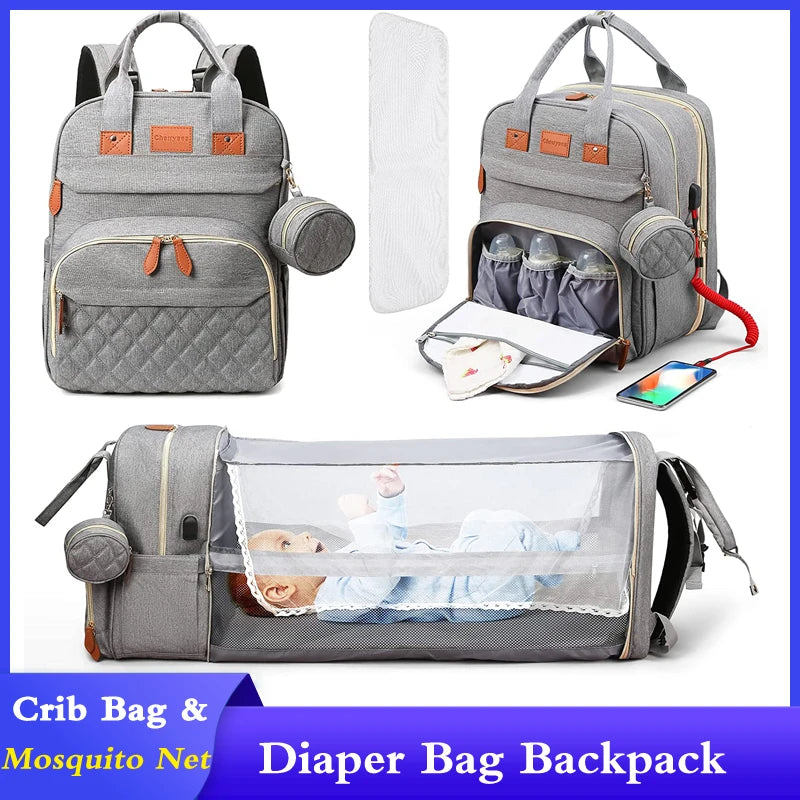 3-in-1-Wickeltasche-Rucksack, faltbares Babybett, wasserdichte Reisetasche mit USB-Aufladung, Wickeltasche-Rucksack mit Wickelbett, 3 Arten - FUXL-Shopify