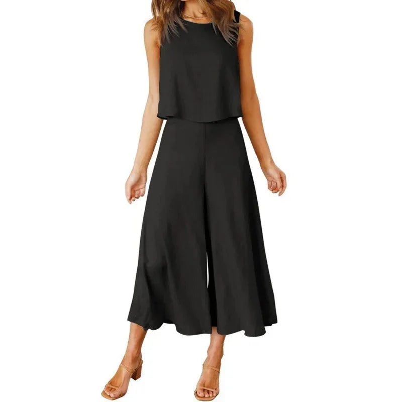 Neue 2025 frauen Sommer 2 Stück Set rundhals Kurze Reine Farbe Breite Bein Hosen Anzug Elegante Modische Casual komfortable