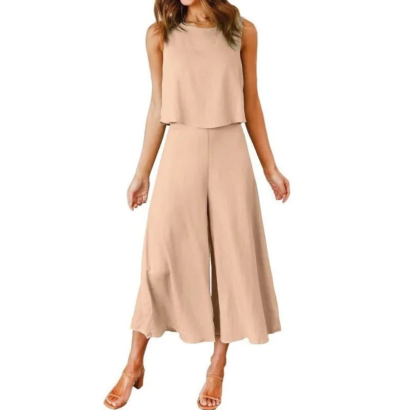 Neue 2025 frauen Sommer 2 Stück Set rundhals Kurze Reine Farbe Breite Bein Hosen Anzug Elegante Modische Casual komfortable - FUXL - Shopify
