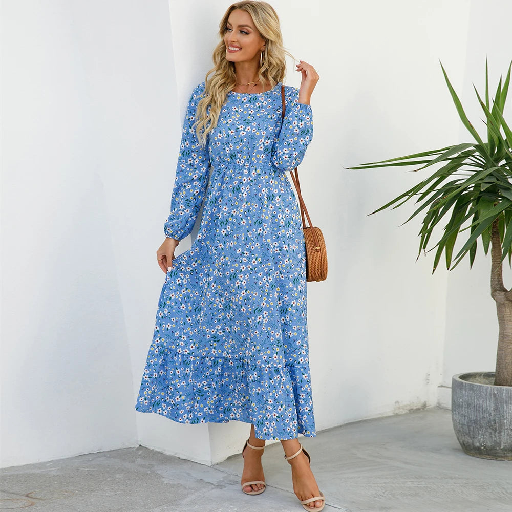 FUXL Bohemian Maxi Kleid – Langarm Chiffon Blumenkleid (Mid-Calf, Lockere Passform) - FUXL-Shopify