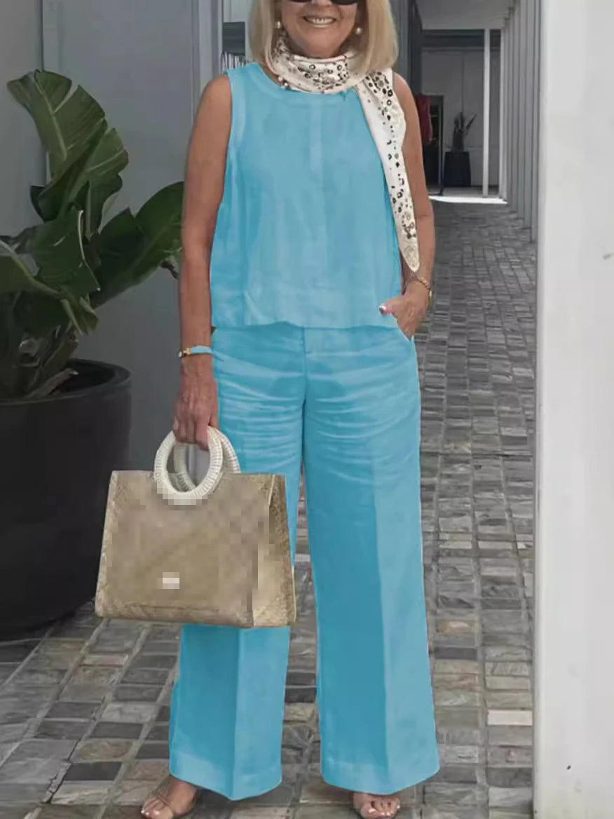Einfache Baumwolle Leinen frauen Anzüge Sommer Mode Ärmellose Lose Bluse Breite Bein Hosen Zwei Stück Set Für Frauen Casual Outfits