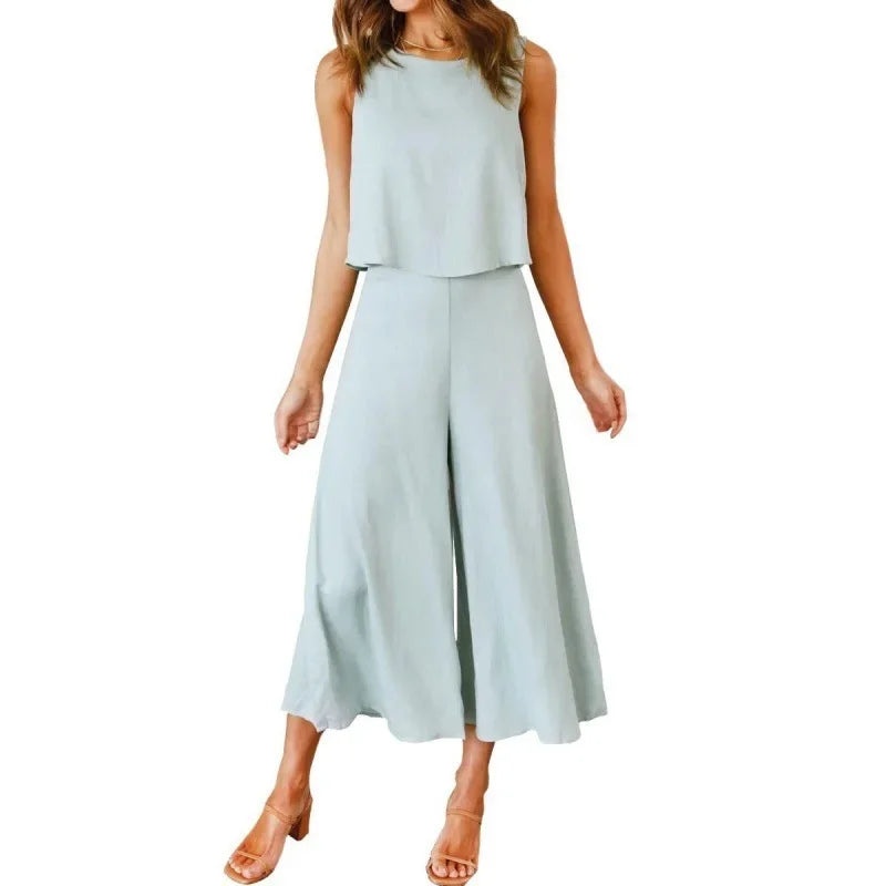 Neue 2025 frauen Sommer 2 Stück Set rundhals Kurze Reine Farbe Breite Bein Hosen Anzug Elegante Modische Casual komfortable