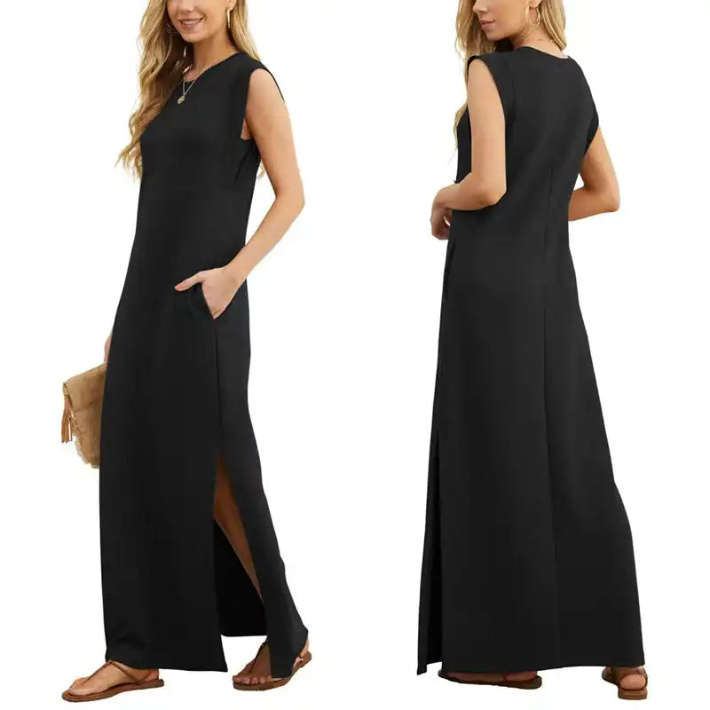 Damen Sommer lässig locker Sommerkleid langes Kleid ärmellose Rundhals ausschnitt Split T-Shirt Maxi kleider falten frei mit Tasche