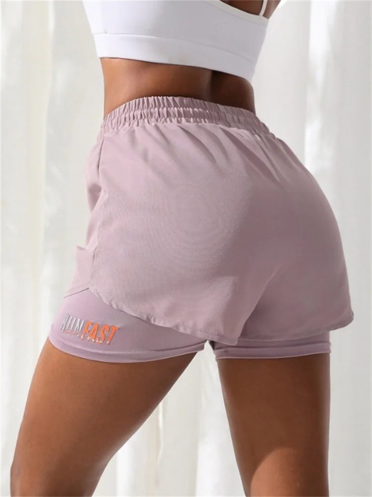 Damen-Yoga-Shorts mit hohem Bund und elastischer Laufshorts mit Näherungskontrolle, gefälschte zweiteilige Hose