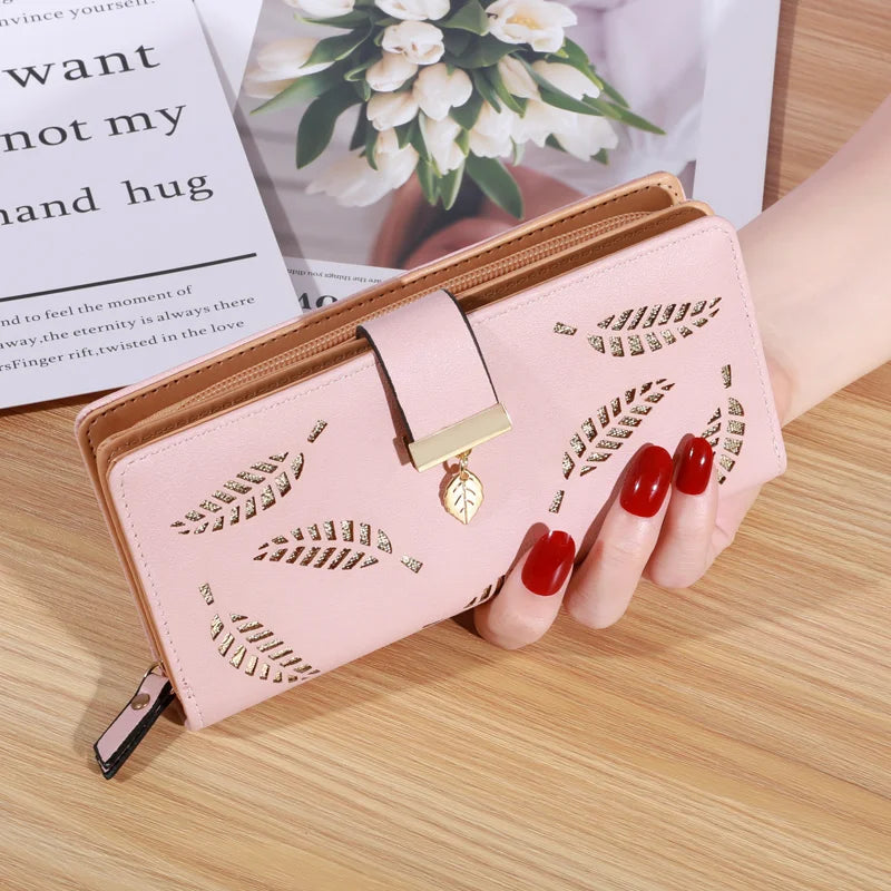 Frauen Brieftasche PU Leder Geldbörse Weibliche Lange Brieftasche Gold Hohl Blätter Beutel Handtasche Für Frauen Geldbörse Karte Halter Kupplung