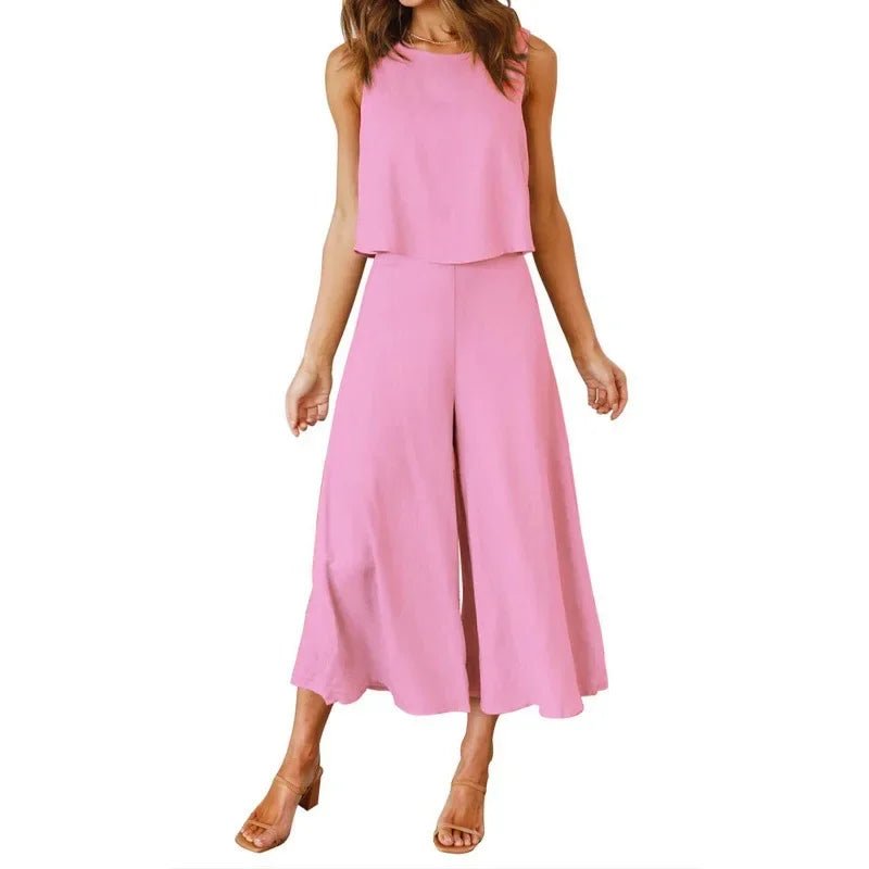Neue 2025 frauen Sommer 2 Stück Set rundhals Kurze Reine Farbe Breite Bein Hosen Anzug Elegante Modische Casual komfortable - FUXL - Shopify