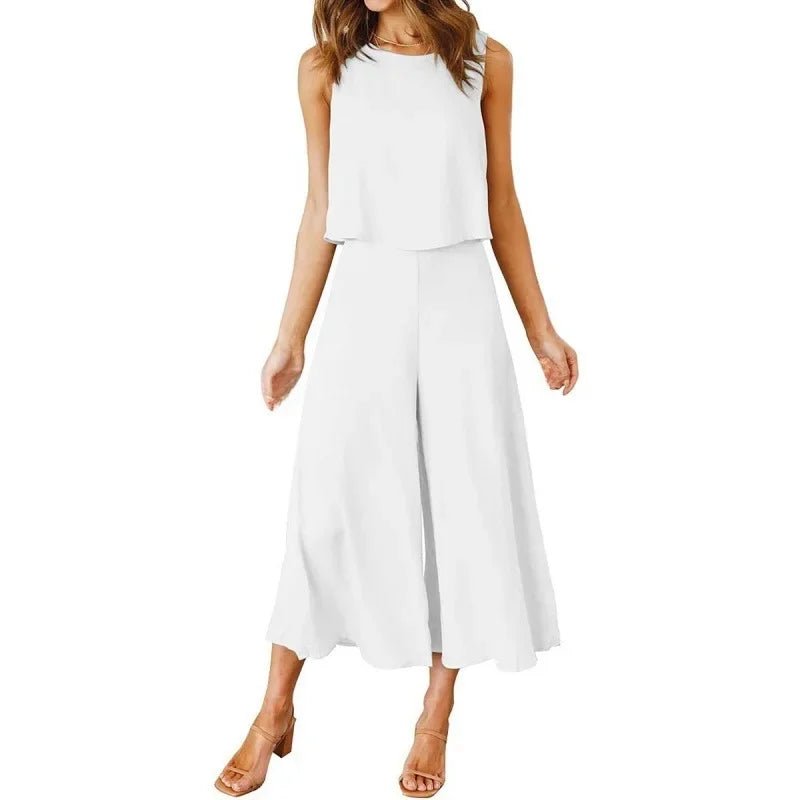 Neue 2025 frauen Sommer 2 Stück Set rundhals Kurze Reine Farbe Breite Bein Hosen Anzug Elegante Modische Casual komfortable - FUXL - Shopify