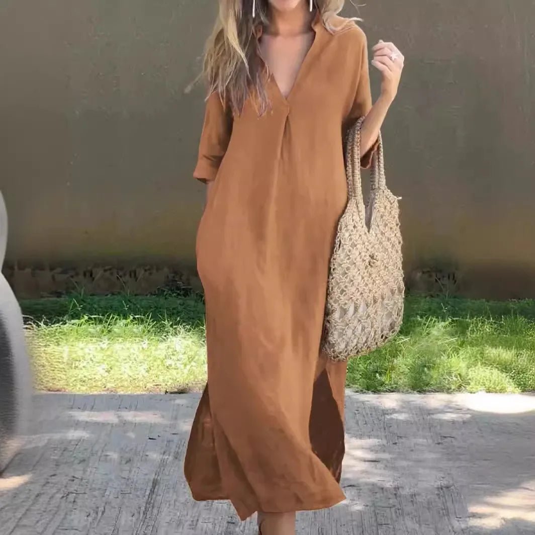 Mode V-ausschnitt halbe Hülse Solide Lange Kleid Frauen 2024 Sommer Elegante Vintage Tasche Seite Baumwolle Leinen Kleider Für Frauen