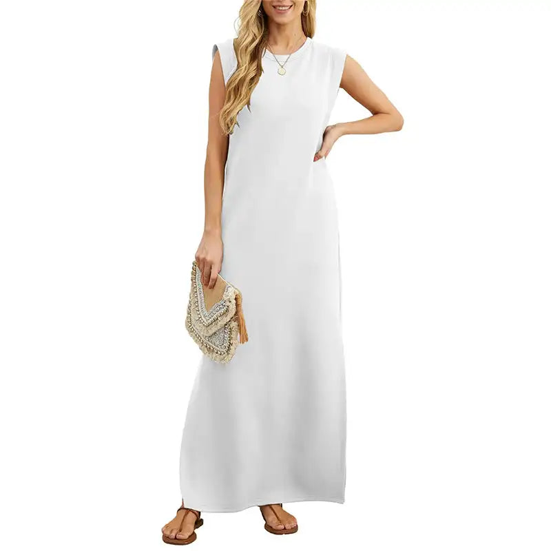 Damen Sommer lässig locker Sommerkleid langes Kleid ärmellose Rundhals ausschnitt Split T-Shirt Maxi kleider falten frei mit Tasche