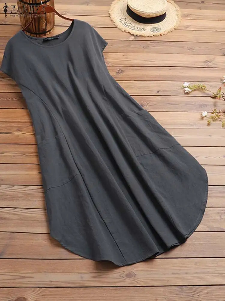 ZANZEA Oversized Vintage Sommerkleid – Kurzarm, Knielang, Baumwolle