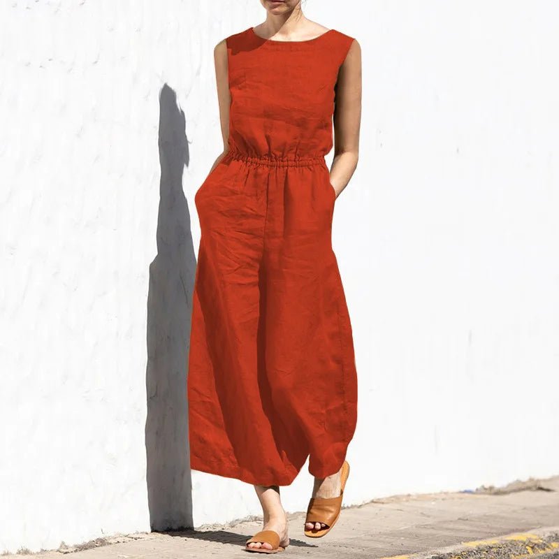 Baumwolle Und Leinen Overall Frauen Einfarbig Ärmellose Tasche Hohe Taille Breite Beine Overalls Casual Pendeln Damen Bodys
