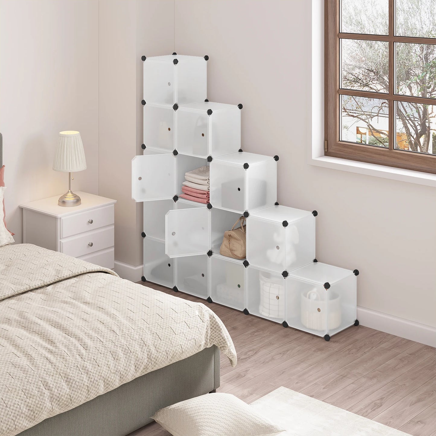 Schuhregal, weißer Schuhschrank, 15 Würfel, DIY-Regal, Kleiderschrank, Raumteiler für Wohnzimmer, Schlafzimmer, Flur, Aufbewahrungsorganisator