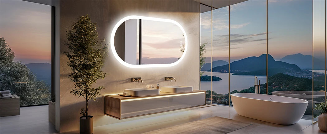 Ovaler LED-Badezimmerspiegel, 500 x 1000 mm, Wand-Kosmetikspiegel mit Antibeschlag, 3 Farben, dimmbare Beleuchtung, Smart Switch-Speicherfunktion