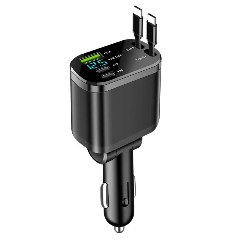 150 W Auto-Ladegerät-Adapter, 5-in-1, schnelles Laden, USB-Typ-C-Autoladegerät mit einziehbaren Typ-C-Kabeln für iPhone, Huawei, Samsung