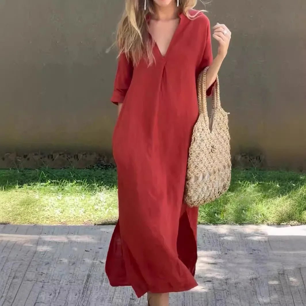 Mode V-ausschnitt halbe Hülse Solide Lange Kleid Frauen 2024 Sommer Elegante Vintage Tasche Seite Baumwolle Leinen Kleider Für Frauen