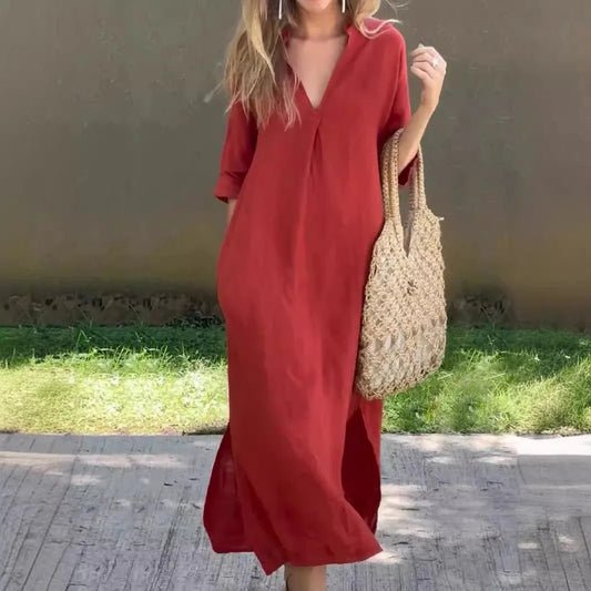 Mode V - ausschnitt halbe Hülse Solide Lange Kleid Frauen 2024 Sommer Elegante Vintage Tasche Seite Baumwolle Leinen Kleider Für Frauen - FUXL - Shopify