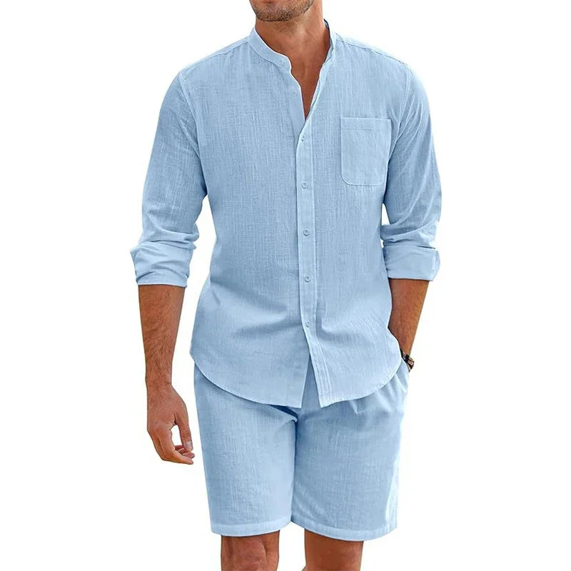 Sommer männer Casual Sets Atmungsaktive Baumwolle Leinen Vintage Stehkragen Shirts + Shorts Sets Männer Atmungsaktivem Strand Anzüge