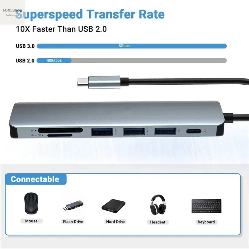 USB C Hub to 4K HDMI-Compatible USB 3.0 2.0 Type C PD Charging Dock for MacBook iPad Samsung S10 Dex TV Mouse Keyboard U Disk - FUXL-Shopify