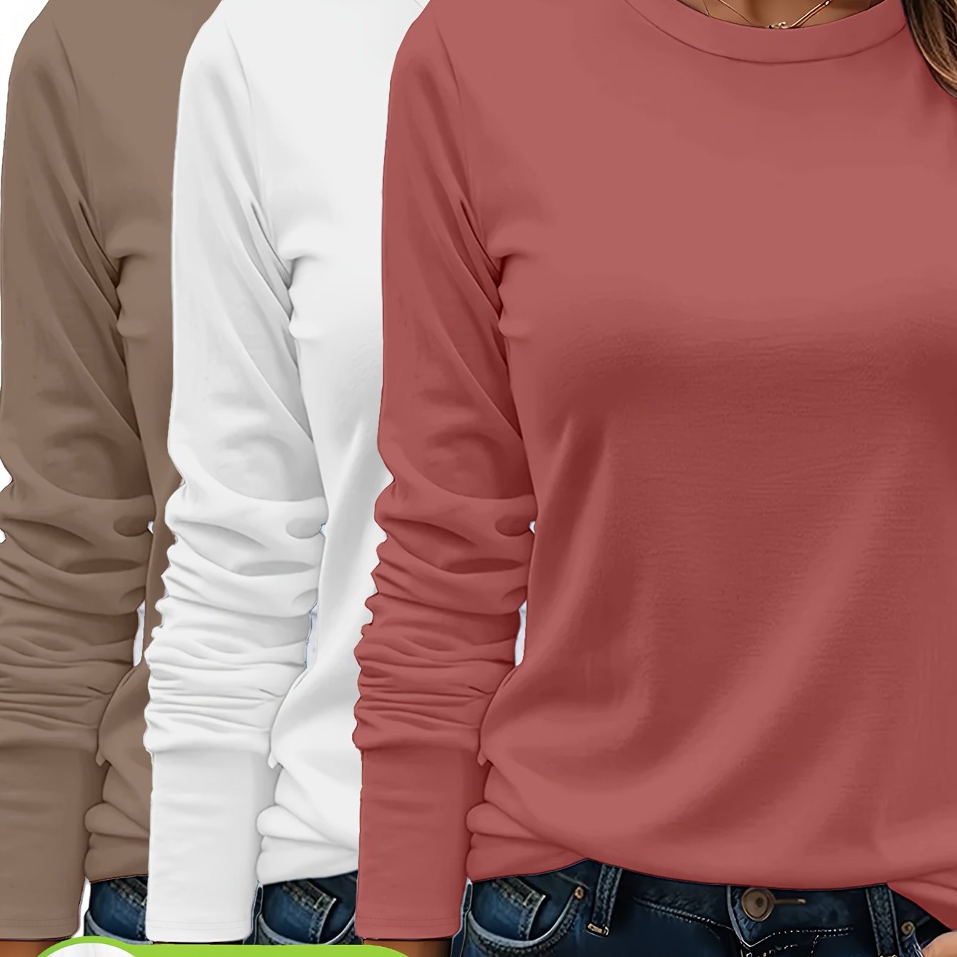 3er-Set Damen Langarmshirts aus 100 % schwerer Baumwolle – weich, langlebig, maschinenwaschbar – unifarben, bequem, für Alltag & jede Saison