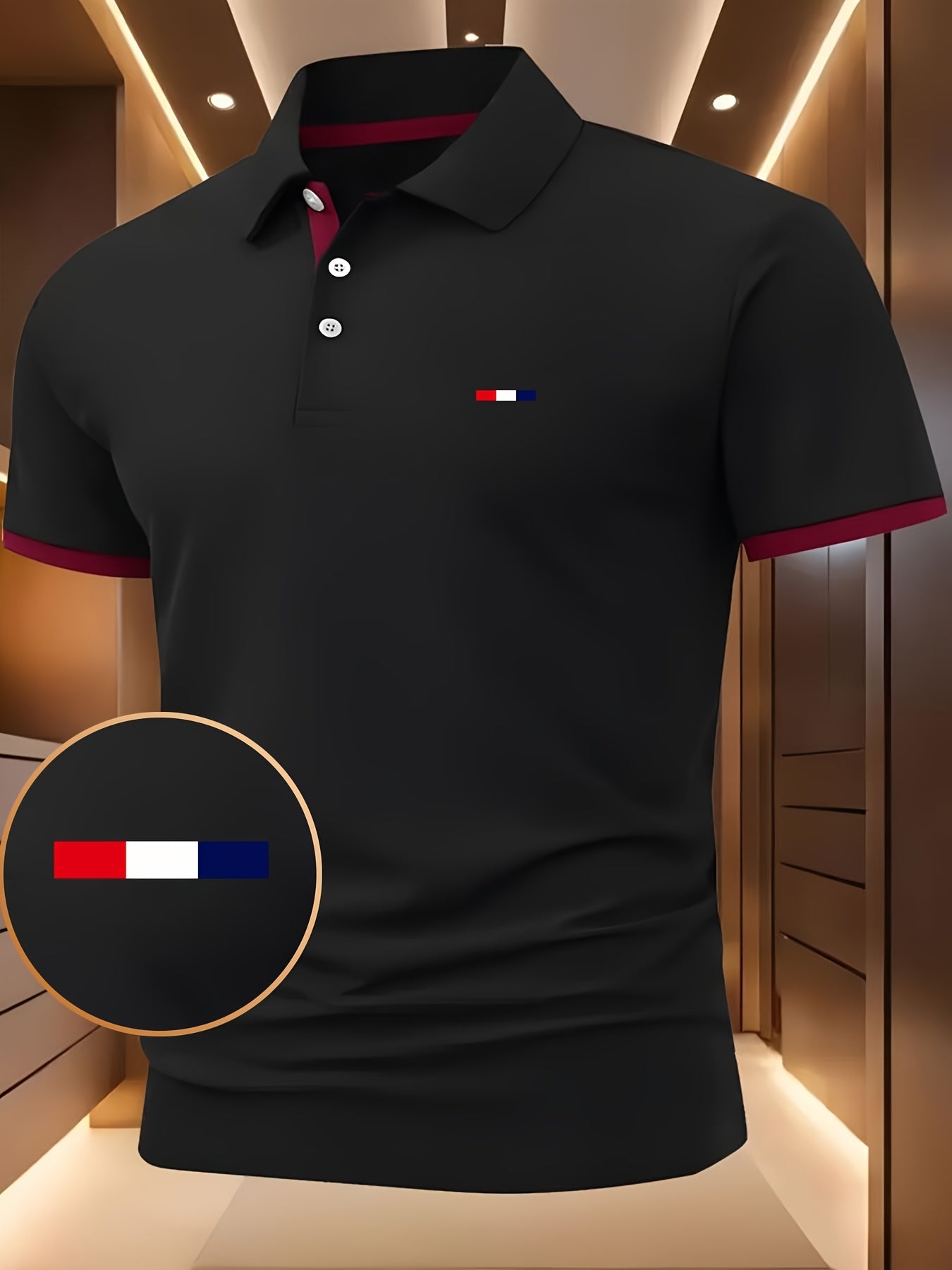 Herren -Shirt Rot mit weiß-blauem Muster – Kurzarm, Knopfkragen, leicht dehnbar, ideal für Sommer & Freizeit