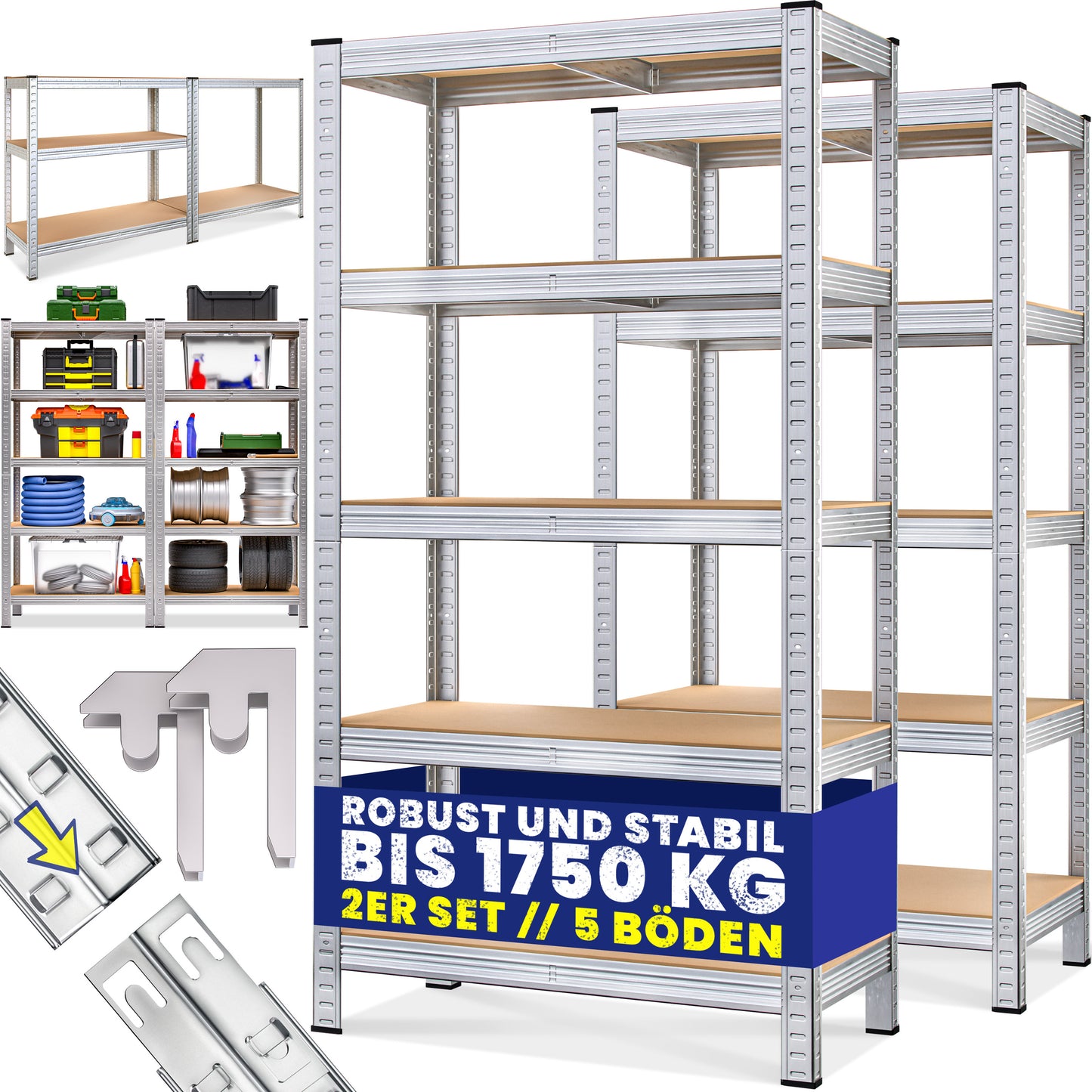 2X Schwerlastregal 180x90x40cm | 1750kg Traglast | 10 MDF-Böden | Kellerregal | Werkstattregal | Metallregal | Modular | Silbern