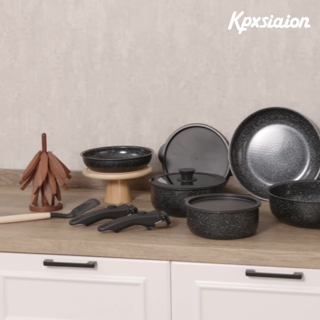 Antihaft-Kochgeschirr-Set mit abnehmbaren Griffen, spülmaschinenfest, induktionsgeeignet – Schwarz