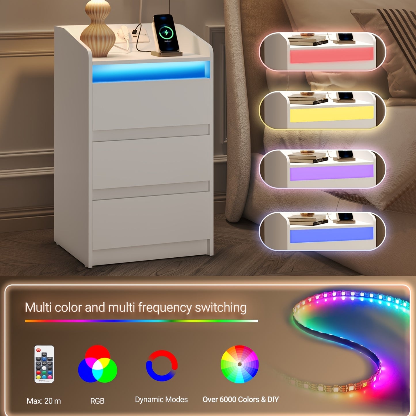 2er-Set Nachttische mit 3 Schubladen, LED-Licht & Ladestation – 2 Steckdosen, 2 USB-Ports, Weiß, ideal für Schlafzimmer & Wohnzimmer, montierbar