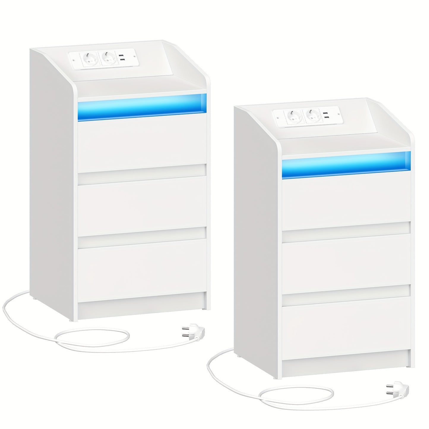 2er-Set Nachttische mit 3 Schubladen, LED-Licht & Ladestation – 2 Steckdosen, 2 USB-Ports, Weiß, ideal für Schlafzimmer & Wohnzimmer, montierbar