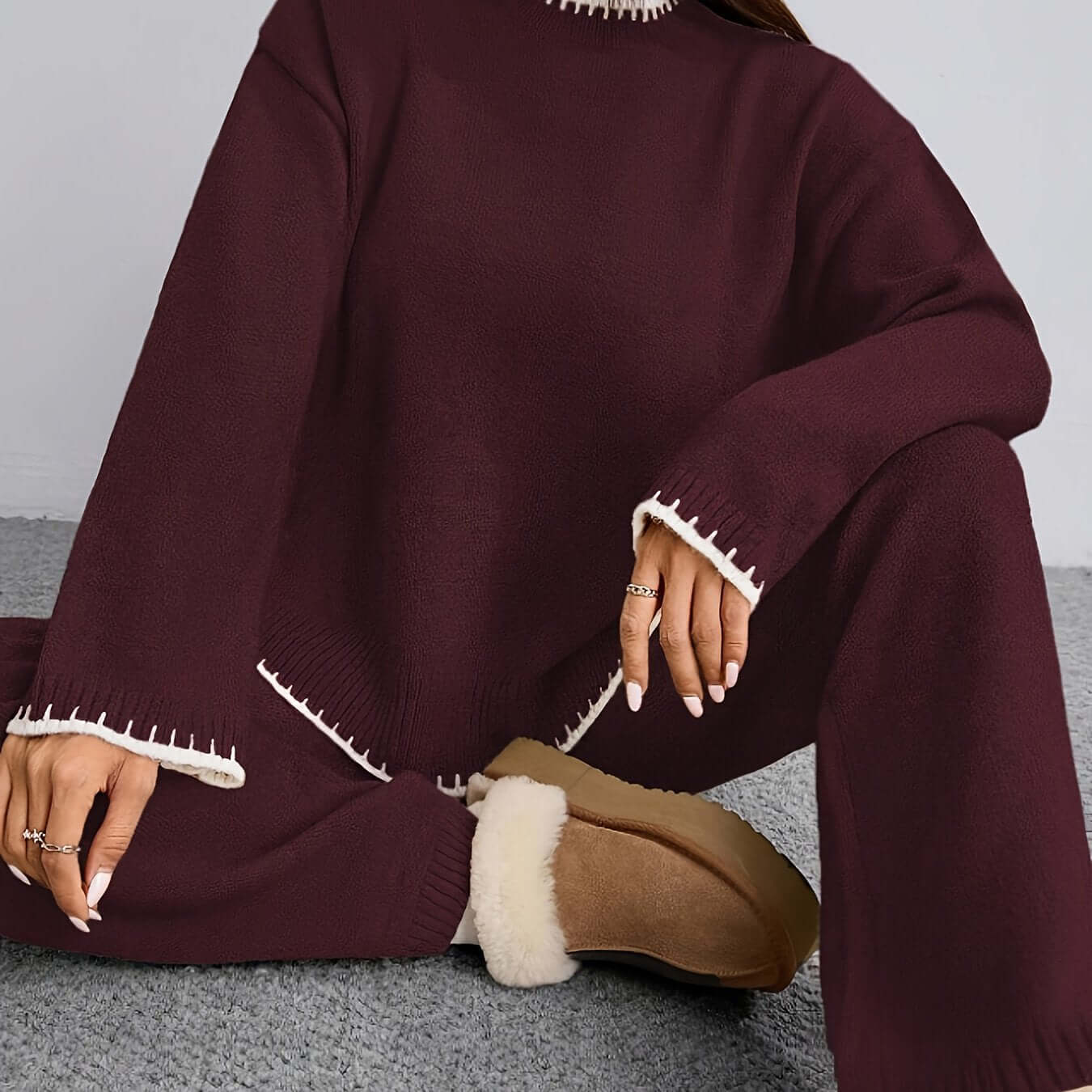 Zweiteiler Damen ZD0505906 – Elegantes Set mit Rundhals Pullover & Hose, Kontrastdesign, Frühling bis Winter