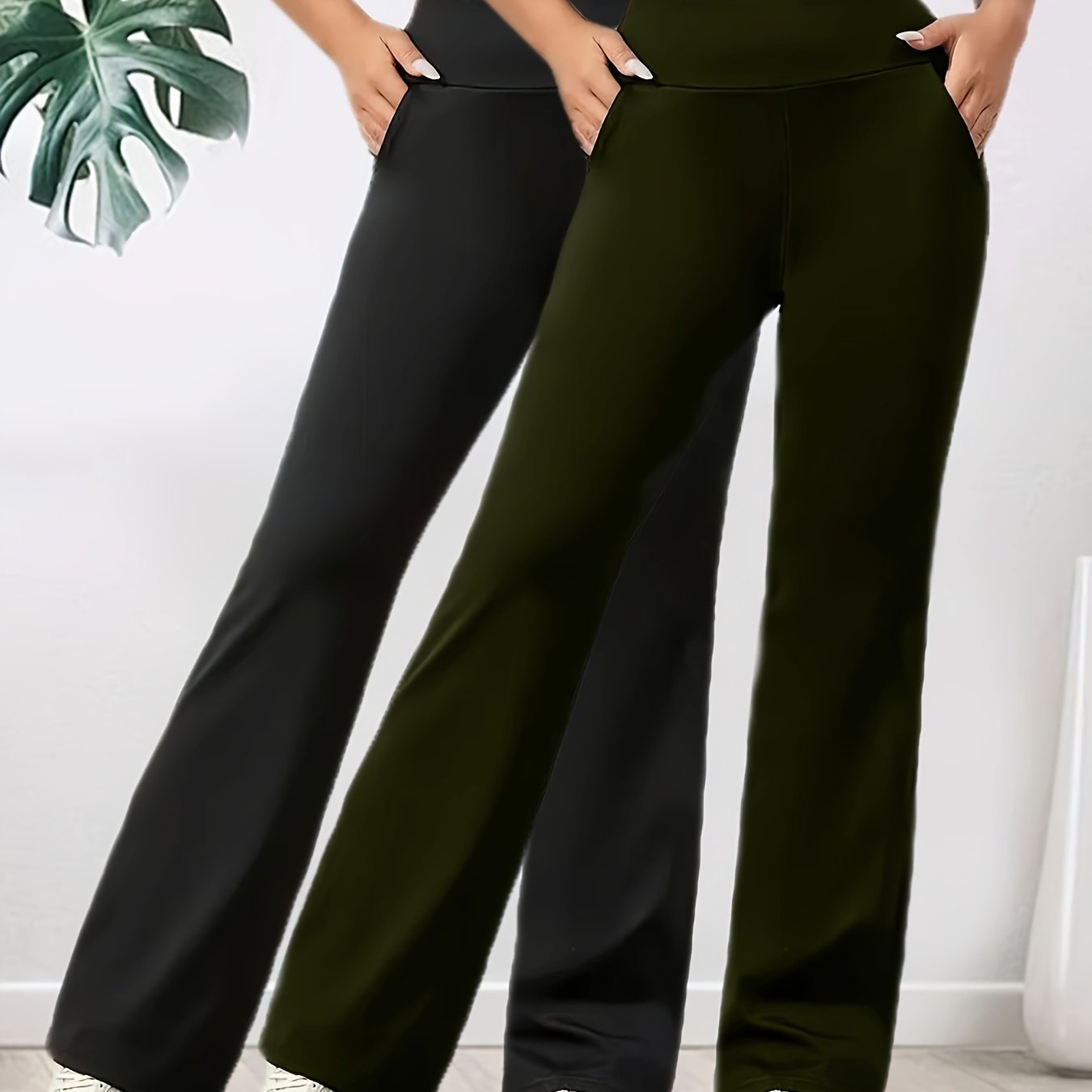 2er - Set Damen High - Waist Weite Flare - Hosen – Dehnbarer Elastikbund, atmungsaktiver lockerer Schnitt für Yoga, Spaziergänge & Freizeit, Olivgrün & Schwarz, Seitentaschen, Ganzjahreskomfort - FUXL - Shopify