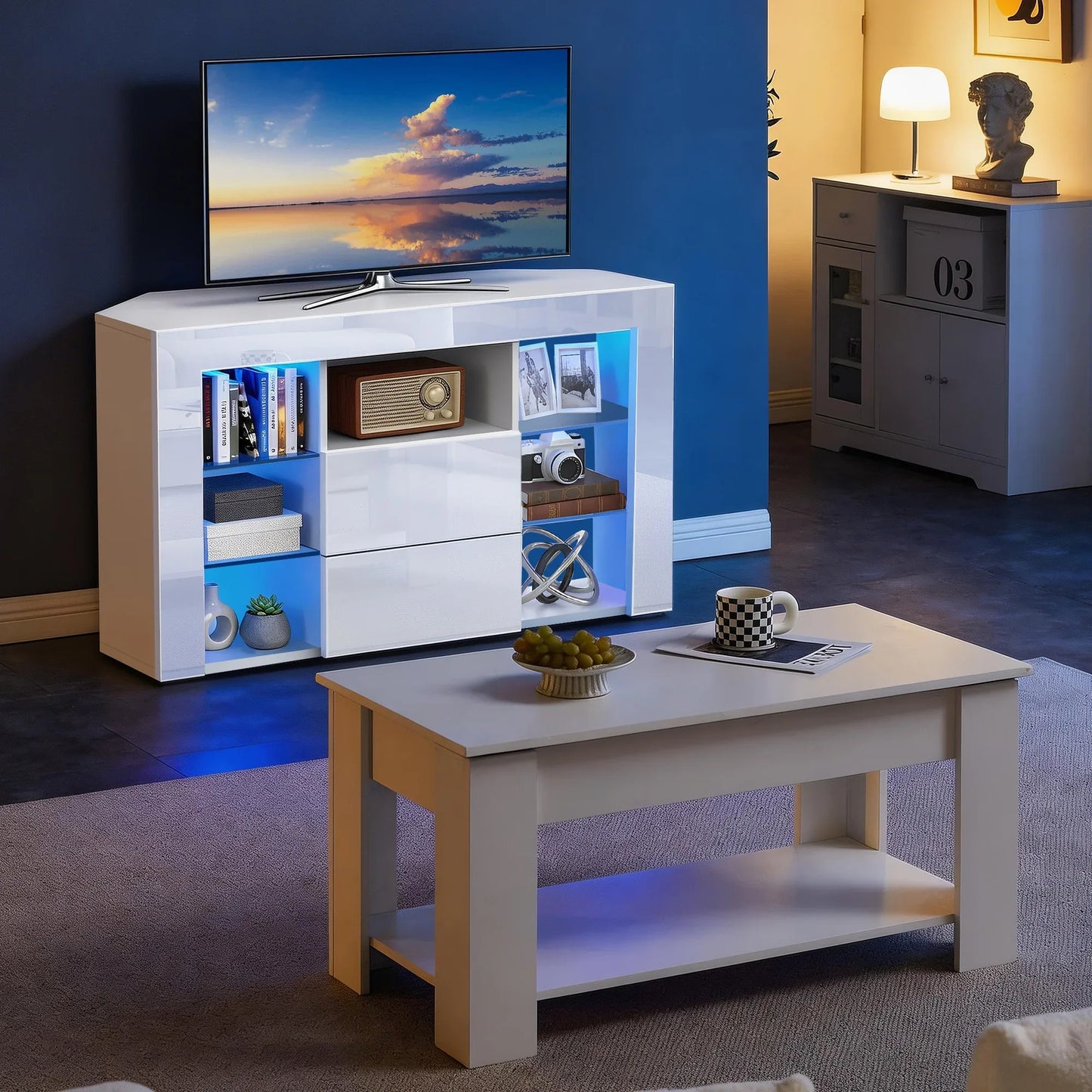 TV-Eckschrank Hochglanz Weiß mit RGB-LED – 100×40×68 cm, 2 Schubladen & Glasfächer
