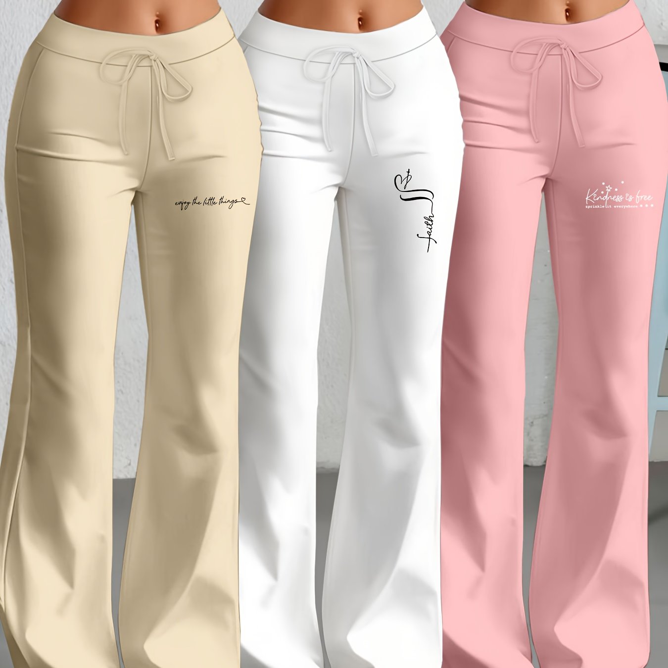 3er - Set Damenhosen mit geradem Schnitt & ausgestelltem Bein, englischem Textdruck, elastischem Stoff – stylisch & bequem für Alltag & Freizeit - FUXL - Shopify