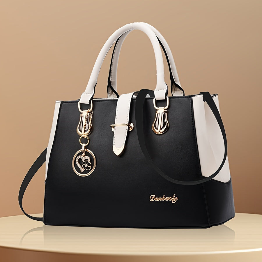 Damen Schultertasche mit Buchstaben-Detail – Elegante Handtasche mit Doppelgriff, große Arbeitstasche, schlichtes Design, für Büro & Alltag, mehrere Farben