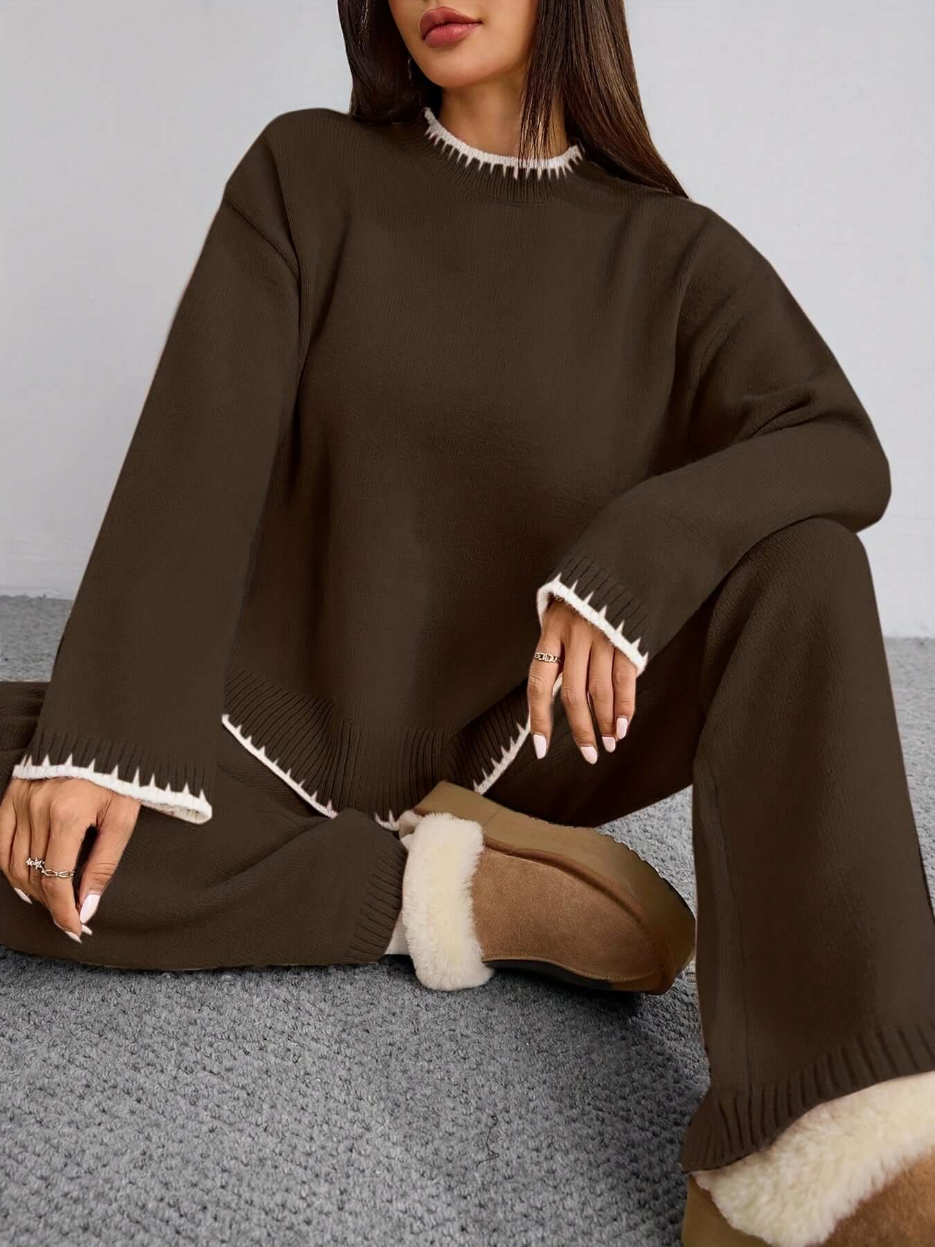 Zweiteiler Damen ZD0505906 – Elegantes Set mit Rundhals Pullover & Hose, Kontrastdesign, Frühling bis Winter