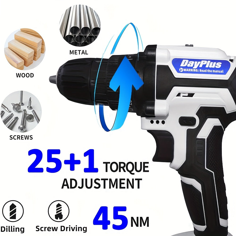 21V Akku-Bohrschrauber Set mit 2-Gang-Schaltung, 45Nm Drehmoment, LED, 25+1 Drehmomentstufen, 2 Akkus, Ladegerät, 29-teiliges Zubehör & Koffer