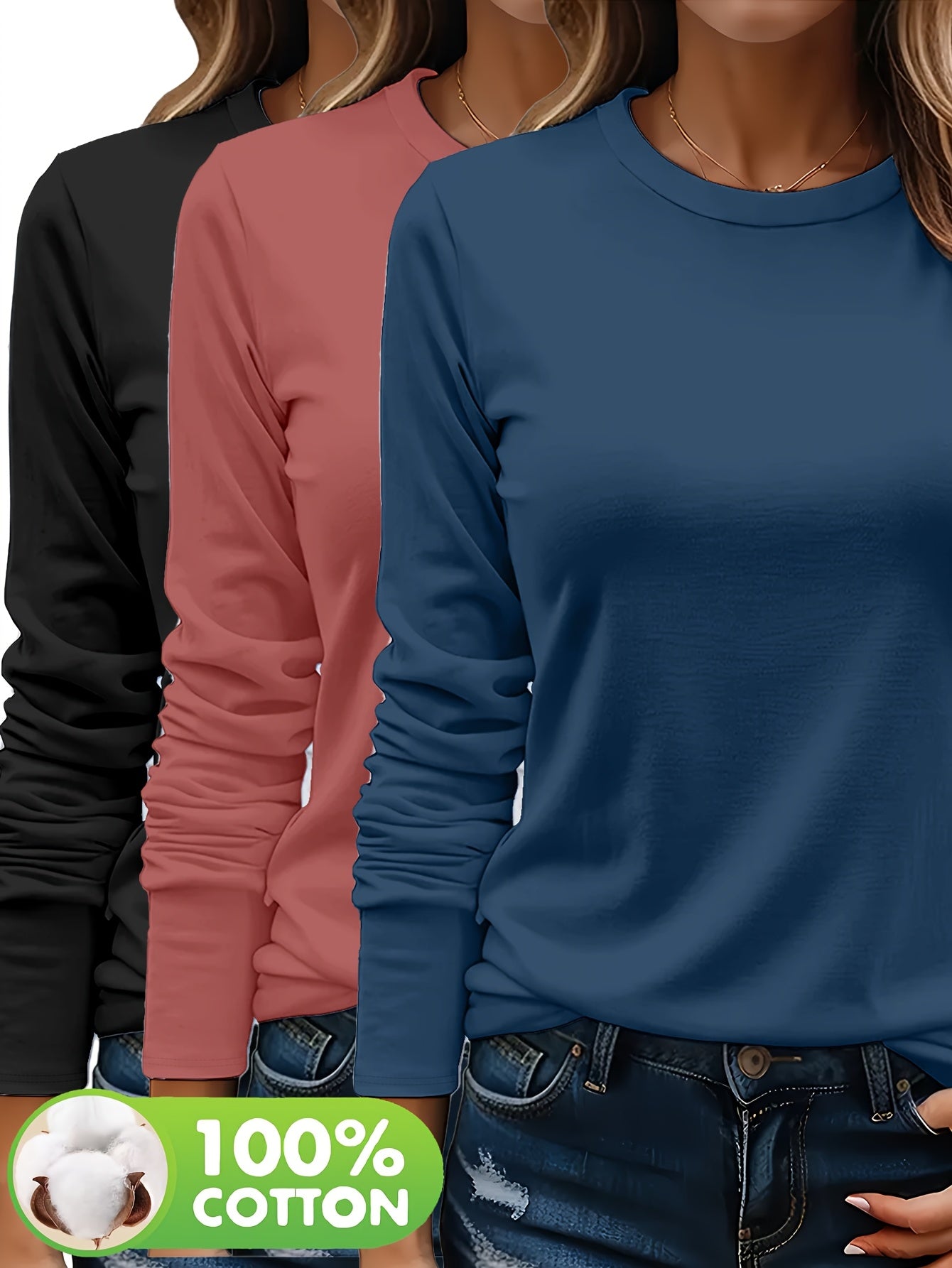 3er - Set Damen Langarmshirts aus 100 % schwerer Baumwolle – weich, langlebig, maschinenwaschbar – unifarben, bequem, für Alltag & jede Saison - FUXL - Shopify
