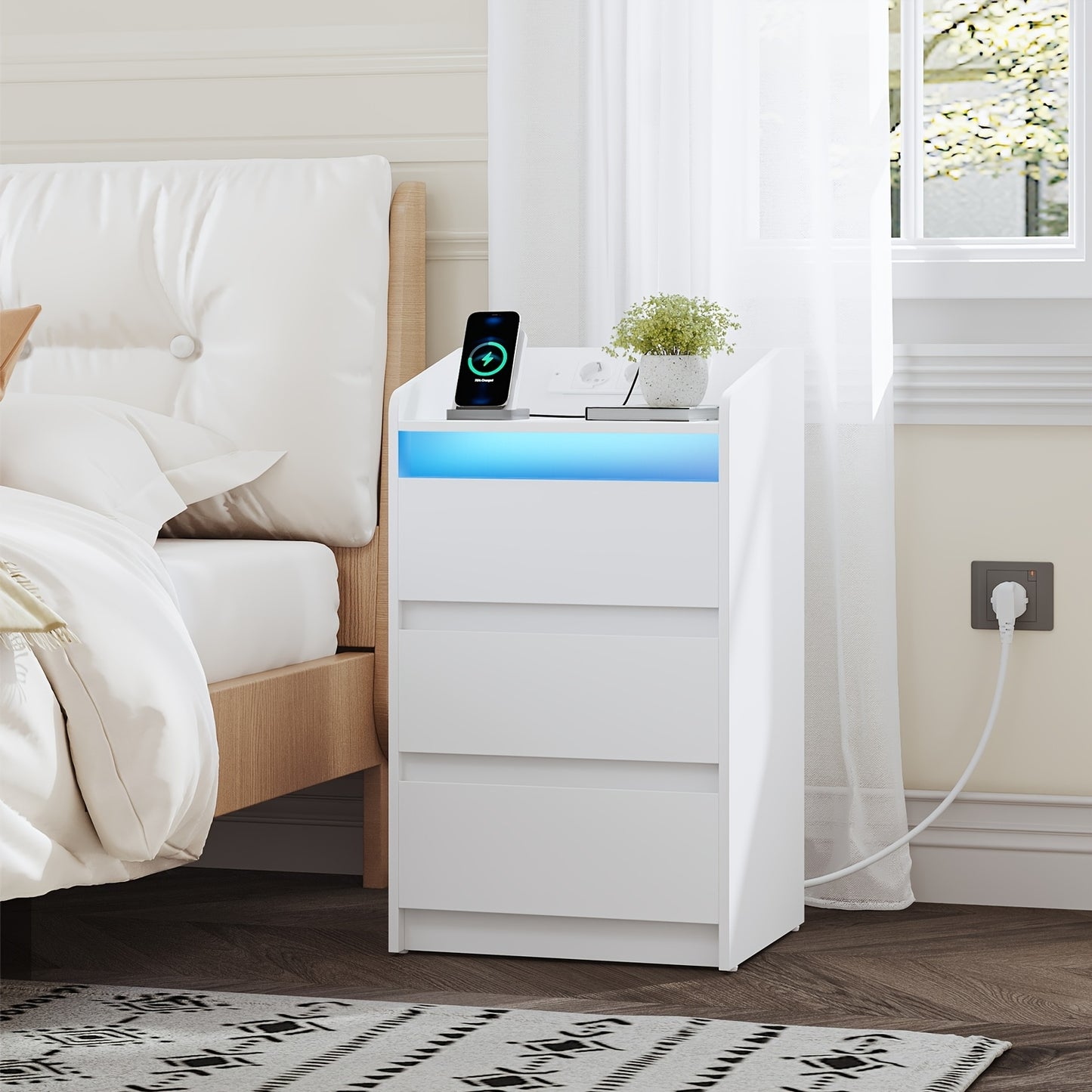 2er-Set Nachttische mit 3 Schubladen, LED-Licht & Ladestation – 2 Steckdosen, 2 USB-Ports, Weiß, ideal für Schlafzimmer & Wohnzimmer, montierbar