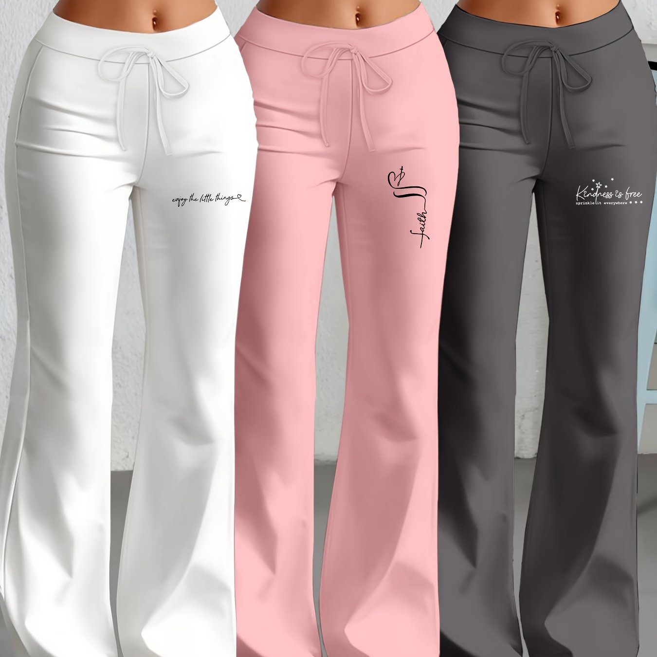 3er - Set Damenhosen mit geradem Schnitt & ausgestelltem Bein, englischem Textdruck, elastischem Stoff – stylisch & bequem für Alltag & Freizeit - FUXL - Shopify