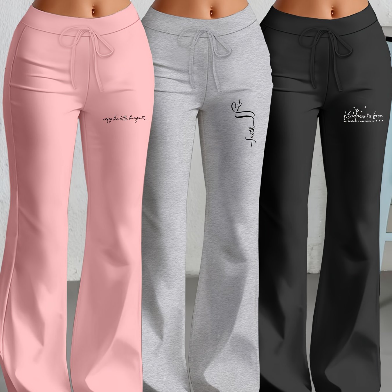 3er-Set Damenhosen mit geradem Schnitt & ausgestelltem Bein, englischem Textdruck, elastischem Stoff – stylisch & bequem für Alltag & Freizeit