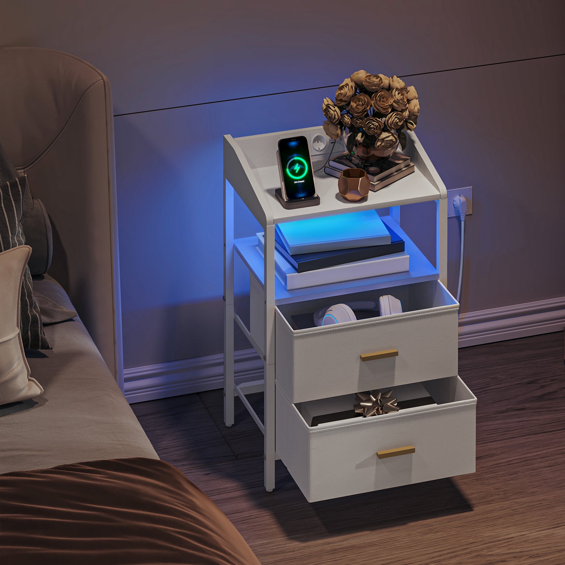 2er-Set LED-Nachttische mit Ladefunktion, Stoffschubladen & USB/Steckdose – Weiß/Schwarz
