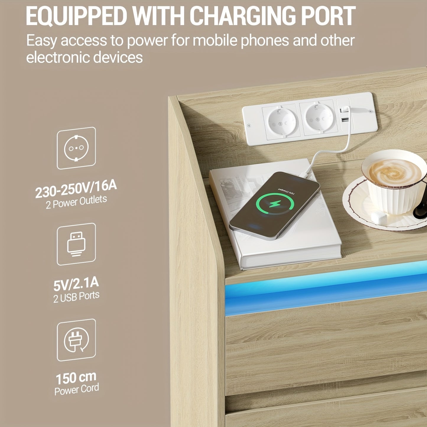 2er-Set Nachttische mit 3 Schubladen, LED-Licht & Ladestation – 2 Steckdosen, 2 USB-Ports, Weiß, ideal für Schlafzimmer & Wohnzimmer, montierbar