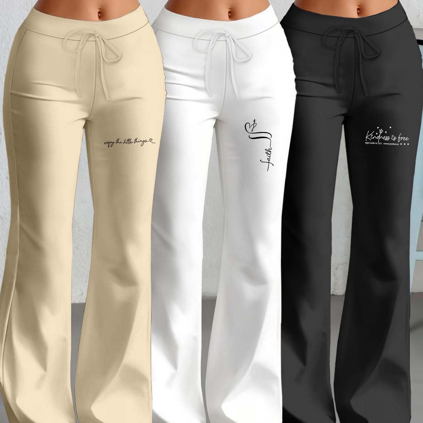 3er-Set Damenhosen mit geradem Schnitt & ausgestelltem Bein, englischem Textdruck, elastischem Stoff – stylisch & bequem für Alltag & Freizeit