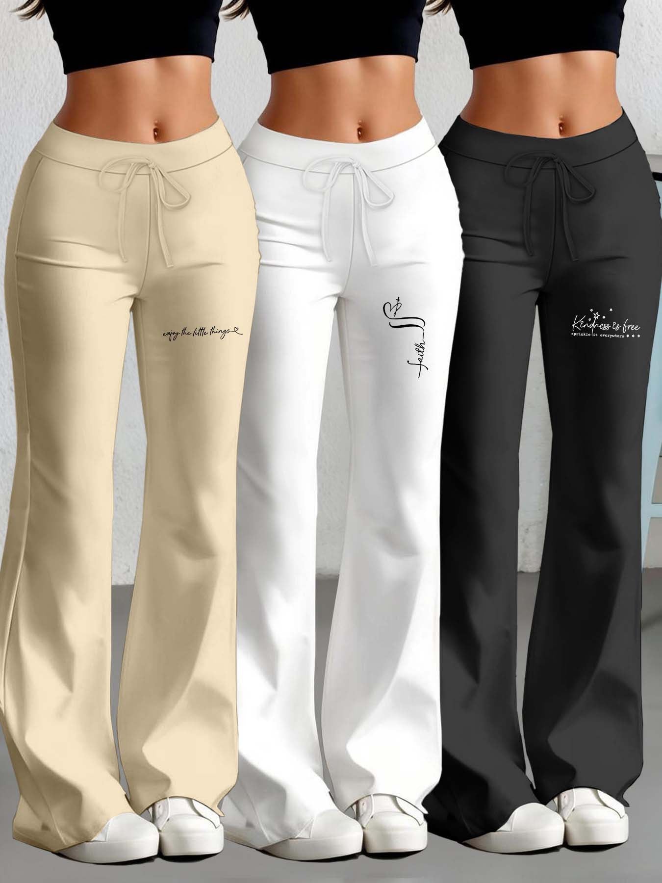 3er-Set Damenhosen mit geradem Schnitt & ausgestelltem Bein, englischem Textdruck, elastischem Stoff – stylisch & bequem für Alltag & Freizeit