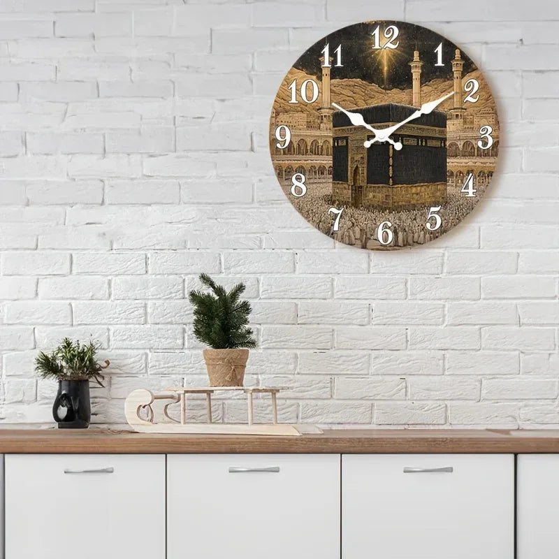 Islamische Wanduhr Kaaba-Design – Lautlos Holz Rund 25-40cm für Wohnzimmer & Schlafzimmer - FUXLShop