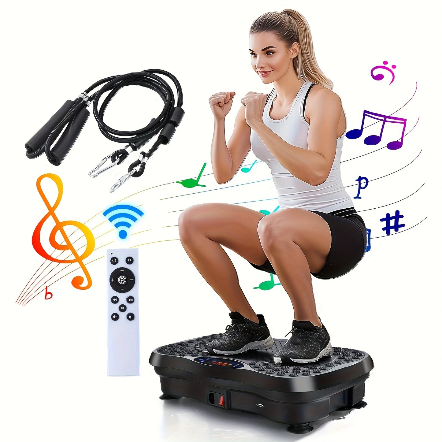 Vibrator, Ganzkörper-Vibrationsplatte mit Widerstandsbändern, leiser Motor mit Geschwindigkeitsregelung, kabelloser Lautsprecher, Fernbedienung, ohne Batterie
