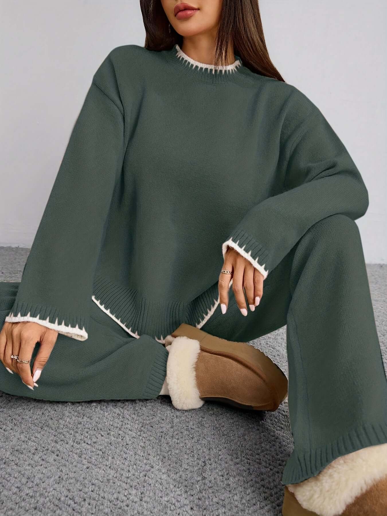 Zweiteiler Damen ZD0505906 – Elegantes Set mit Rundhals Pullover & Hose, Kontrastdesign, Frühling bis Winter