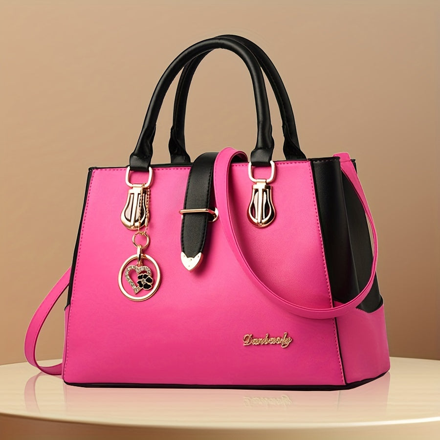 Damen Schultertasche mit Buchstaben-Detail – Elegante Handtasche mit Doppelgriff, große Arbeitstasche, schlichtes Design, für Büro & Alltag, mehrere Farben