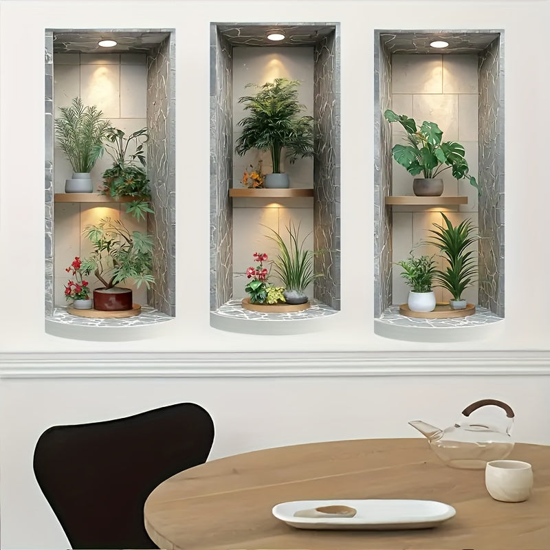 3er-Set 3D Wandsticker mit Blumentopf – Selbstklebend, leicht anzubringen & zu entfernen – Deko für Wohnzimmer, Schlafzimmer, Esszimmer