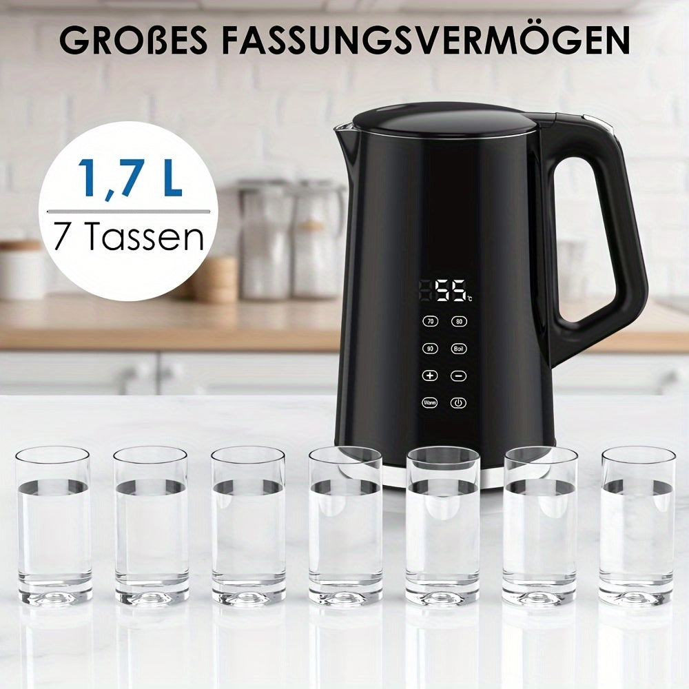 1,7L Edelstahl-Wasserkocher mit digitaler Temperaturregelung (40–100 °C), doppelwandig isoliert, BPA-frei, Trockenlaufschutz – für Haushalt & Gewerbe